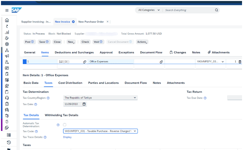 Supplier Invoice Screen - Tax Details