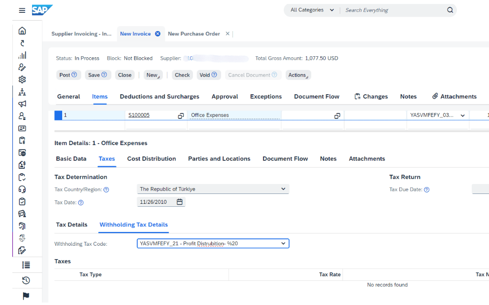 Supplier Invoice Screen - Withholding Tax